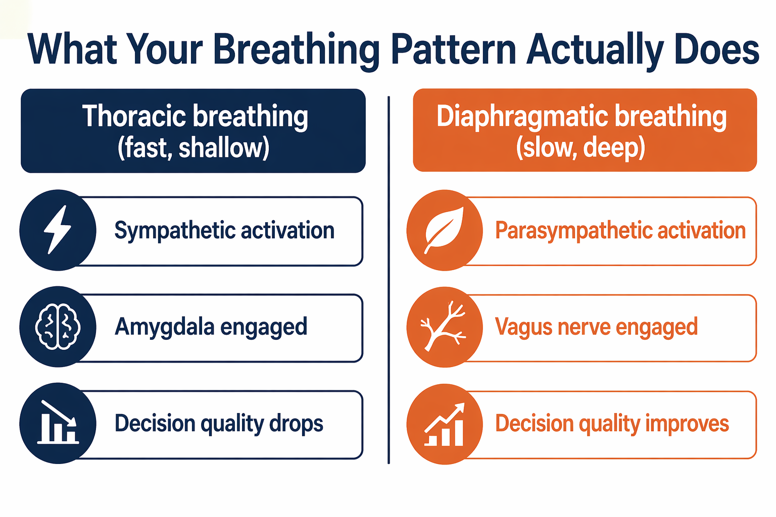 Comparison diagram thoracic versus diaphragmatic breathing effects on nervous system activation